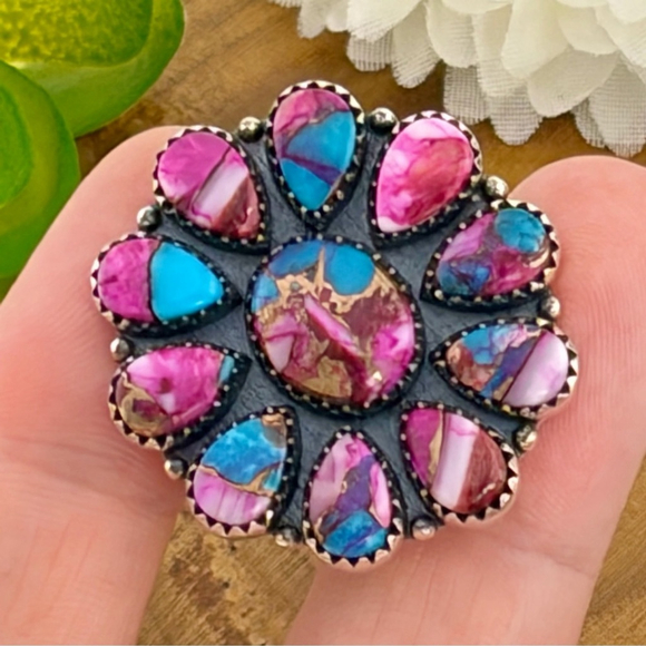 Pure Sterling Silver 925 Pink Dahlia Turquoise Cluster Ring 7 1/4 Navajo Style - Picture 6 of 11